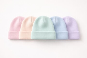 Row of pastel colored beanie hats arranged neatly on a white background