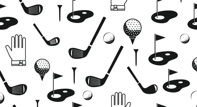 Seamless pattern with golf equipment icons in black and white.