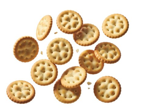 Scattered round butter crackers with holes, isolated on white background