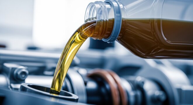 Pouring fresh motor oil from a bottle into a car engine for maintenance and lubrication