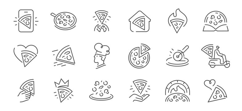 Pizza delivery and pizzeria line icons set. Fast food vector outline collection
