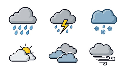 Collection of Weather Icons Depicting Rain Thunder Snow Clouds and Wind for Weather Forecasts