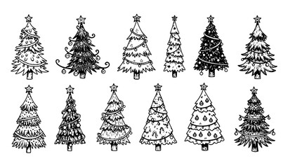 Obraz premium Hand drawn black and white Christmas tree vector illustration set