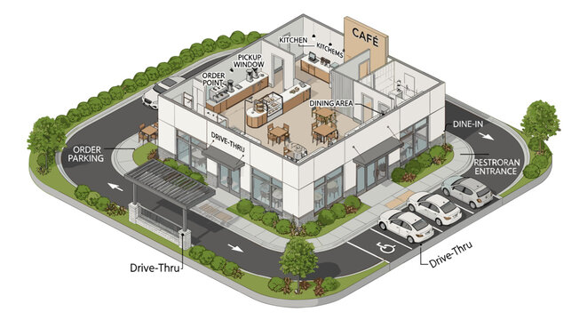 Modern Office Building with Parking Lot.