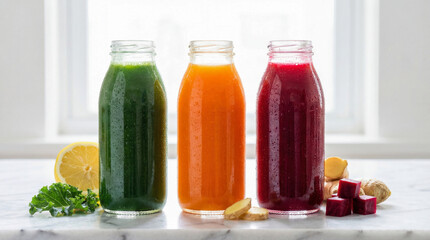 Rainbow vegetable juices promoting plant based nutrition trends for blogs and restaurant menus.