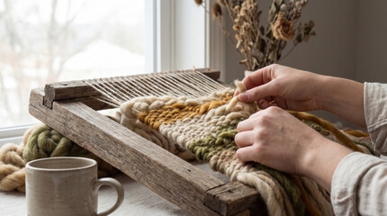 Hands crafting textured wool on a rustic loom expressing creative mindfulness, slow design and cozy boho interior style.
