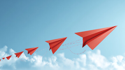paper airplanes. red airplane changing path It is moving towards change. business creativity new idea discovery innovation technology. new year idea concept.