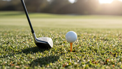 Golf Game: Close-up of golf ball, teed up and ready to be struck by the club, set against a backdrop of meticulously manicured green grass on a bright, sunny day.