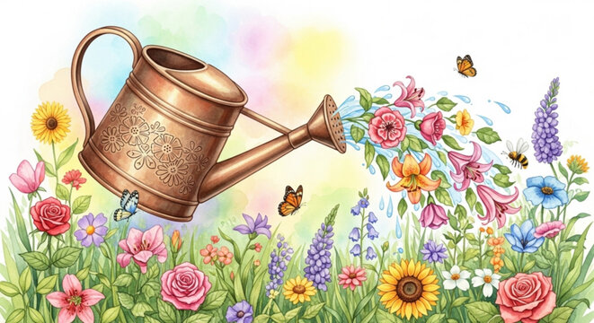 Vibrant flowers bloom as copper watering can pours water with butterflies flying in sunny garden
