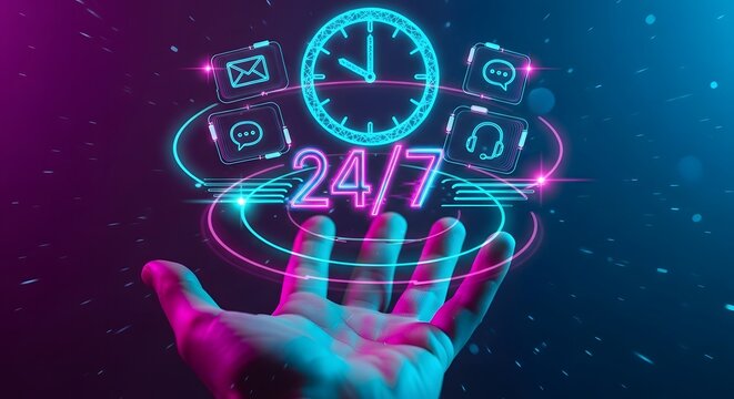 A glowing hand presents a digital interface showcasing 24 7 availability and support icons high quality professional detailed modern elegant stylish clean crisp vibrant colorful creative