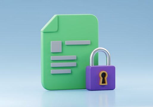 3D illustration of green document with gray text bars and purple padlock with gold keyhole on blue gradient background  security and privacy concept