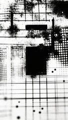 Abstract black and white grunge technology background with glitch texture, distressed grid pattern, digital noise, cyber interface style backdrop for modern tech design
