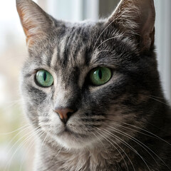Obraz premium Close-up Portrait of a Grey Tabby Cat with Green Eyes