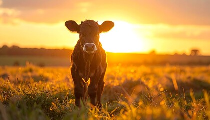 Cow Standing in Field at Sunset.