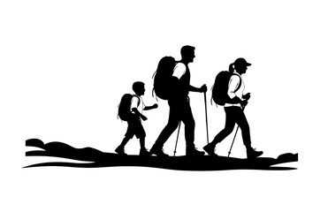 Obraz premium Family Hiking and Outdoor Activity Silhouette, Parents and Child Trekking in Nature Vector Illustration