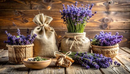 Lavender Flowers in Woven Baskets and Vase.
