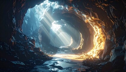 Dramatic cave entrance with sunlight shining.