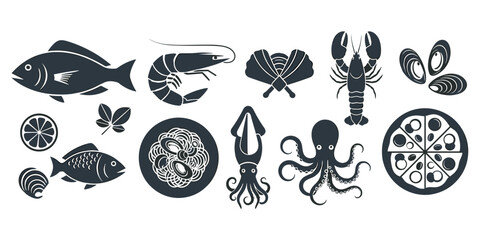 Seafood icons illustration, monochrome design, fish shrimp, squid octopus, lobster clams, mussels lemon, basil pasta, seafood pizza, culinary motif, flat vector artwork © Rabeka