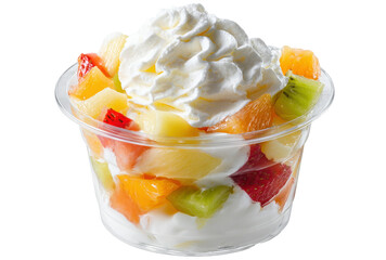 Gourmet mixed fruit cup with decorative whipped cream on transparent background