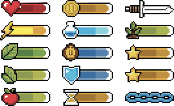 Set of 12 pixel-art status and progress bars with 8-bit icons for retro gaming UI and digital achievement design.