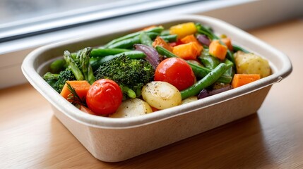 A vibrant and healthy meal prep box filled with a colorful assortment of roasted vegetables