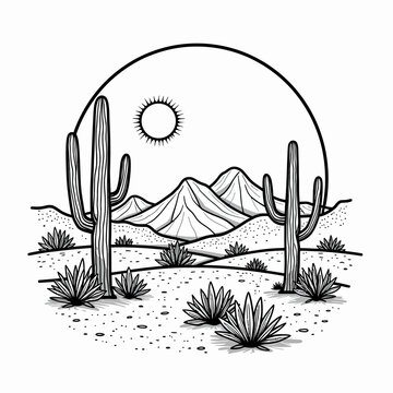 Discover a peaceful desert landscape coloring page featuring saguaro cacti and majestic mountains for a creative mindfulness and relaxation activity.
