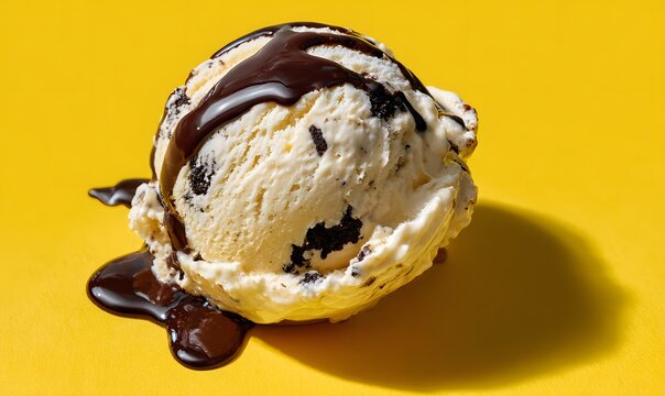 a single scoop of cookies and cream ice cream on a bright yellow surface