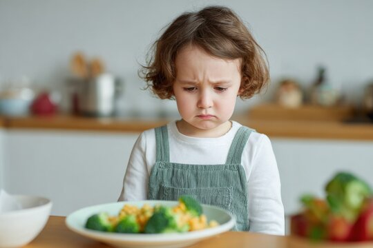 Young child hesitant to eat broccoli at kitchen table