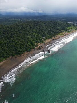 Aerial view of the shoreline where the dark forest meets the turquoise ocean, a symphony of nature's hues, Mutis, Choco, Colombia.