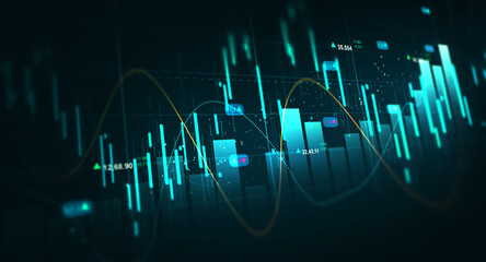 Digital finance background showing trading, investment growth, profit analysis and economic data.Stock market chart with candlestick bars and rising trend line. 