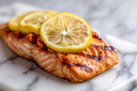 Freshly cooked salmon with lemon garnish detail