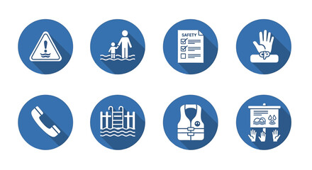 Collection of icons representing warning signs and safety guidelines for water activities and emergency procedures