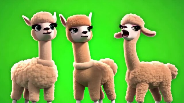 Three animated cartoon llamas on green screen background for childrens educational content and animal related projects