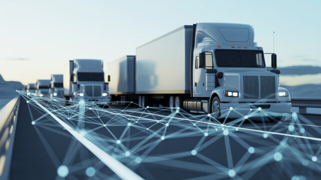 Semi-trucks driving on a highway with a digital network overlay representing connected logistics and smart transport technology.