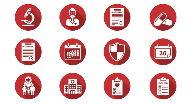 A set of red icons representing various office and scientific tools and concepts on a plain background from a straightforward viewpoint