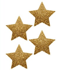 Obraz premium Four glittering golden stars, each with five points, on a clean white background