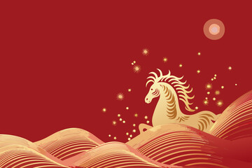 Golden horse silhouette against a vibrant red background with celestial elements