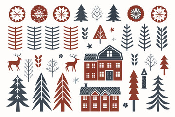 Festive nordic patterns featuring trees deer and charming winter houses