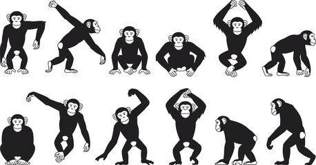 Set of black and white cartoon chimpanzee silhouettes in various playful poses monkey © Shakila