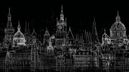 Fototapeta premium Line sketch cityscape design. Abstract black background