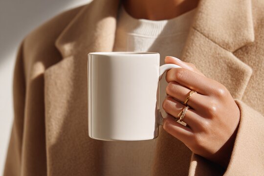 Woman in beige coat holding white coffee mug with gold rings