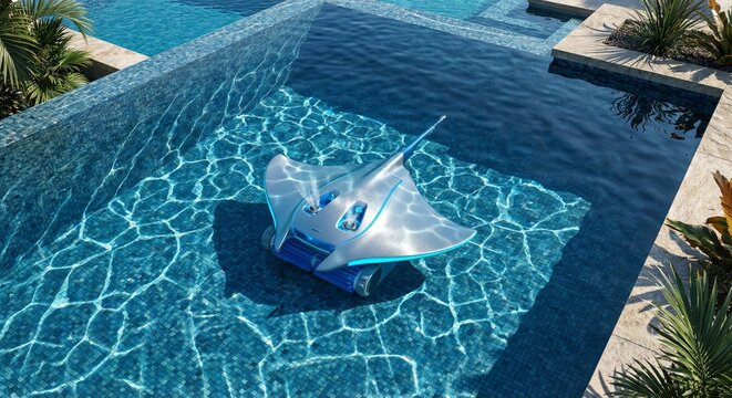 High-tech robotic pool cleaner shaped like a silver stingray swimming in a blue mosaic tile swimming pool with palm trees in the background.