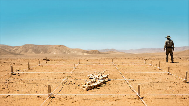 Archaeological grid with fossil vertebrae in a desert landscape. Paleontology survey and mapping at an excavation site.