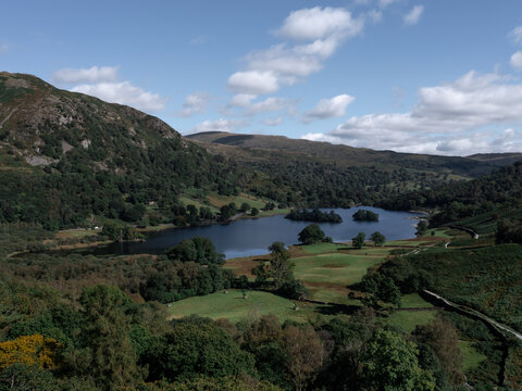 Aerial view of the serene Rydal Water, nestled amidst rolling green hills and lush forests under a bright sky, Ambleside, England, United Kingdom.