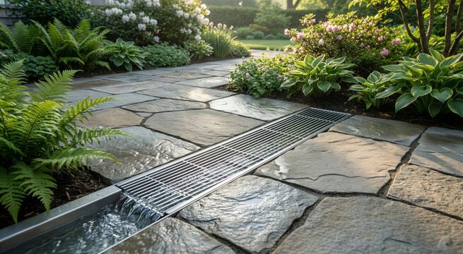 Modern flagstone patio design with an integrated linear stainless steel channel drain, surrounded by lush green ferns and hostas in a luxury garden setting