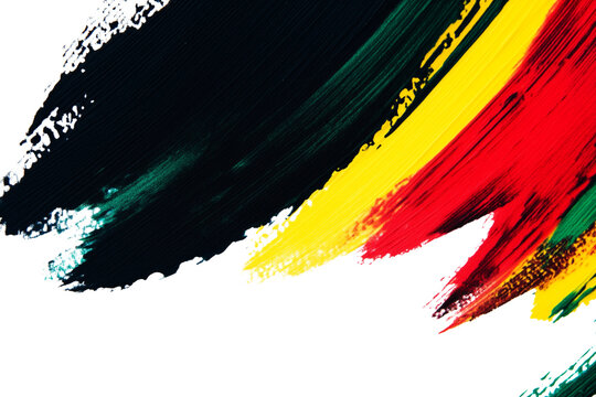 Abstract brush strokes of red, yellow, green, and black paint isolated on transparent or white background, png