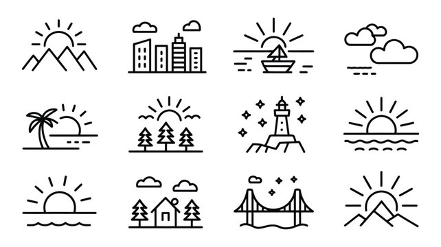 Sunrise sunset line icons featuring mountain range city skyline ocean waves beach palm trees forest lighthouse bridge and cabin, minimalist landscape scene collection, simple travel and nature environ