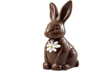 Obraz premium Chocolate Easter bunny figurine with floral patterns and a daisy flower decoration isolated on transparent or white background, png
