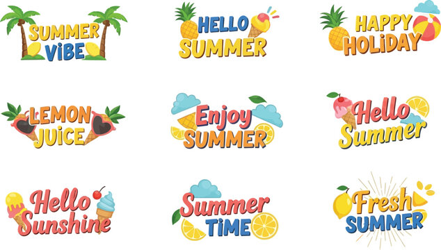Summer vacation icon set. Includes hello summer, summer time, holiday, sunshine, lemon juice. Created in colorful style with bright palette.