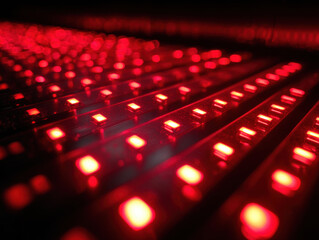 Obraz premium Futuristic red light therapy panel glowing in dark with repeating LED rows creating moody high contrast and shallow depth of field